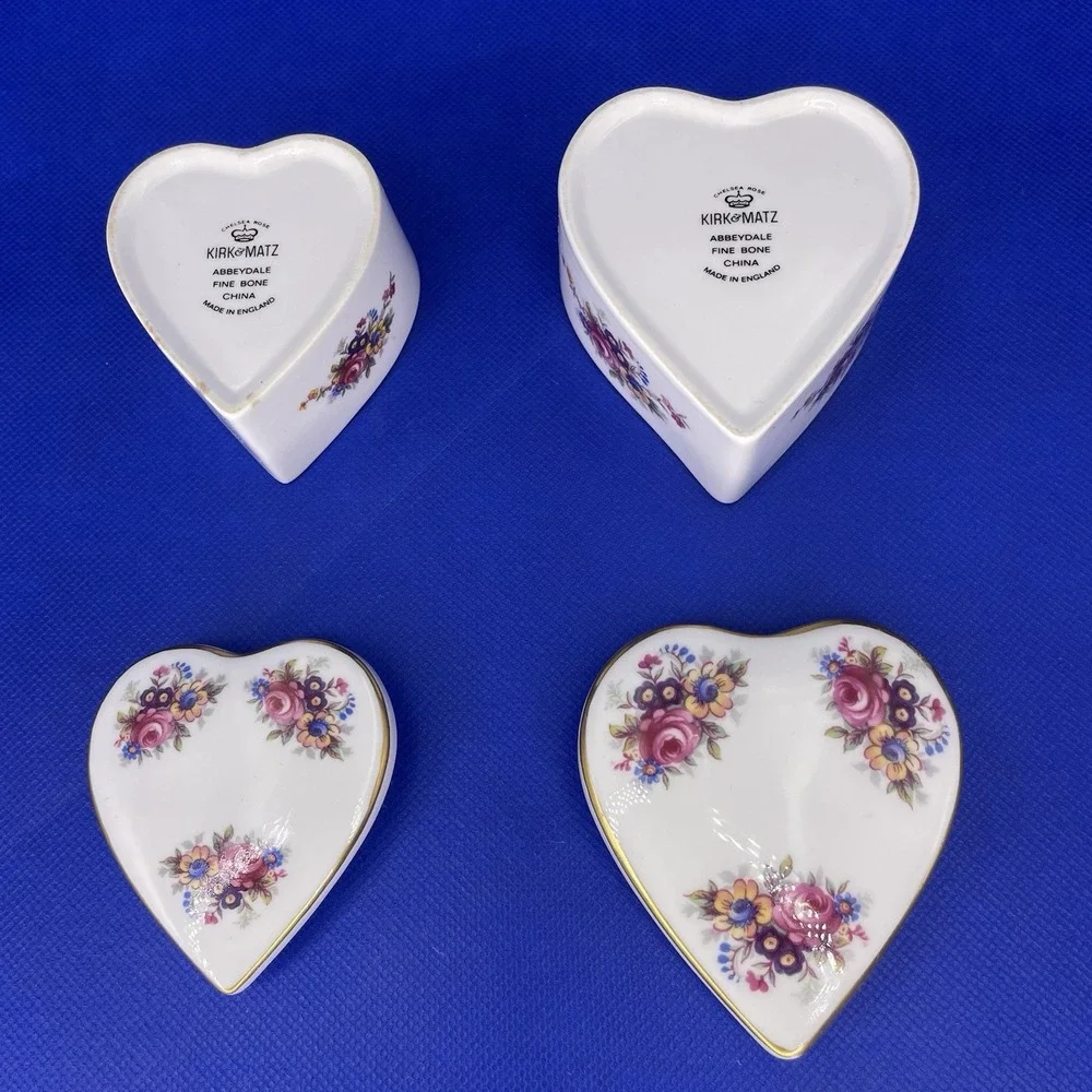 Set of 2 Heart Shaped Floral Kirk & Matz Bone China Trinket/Jewelry/Pill Boxes